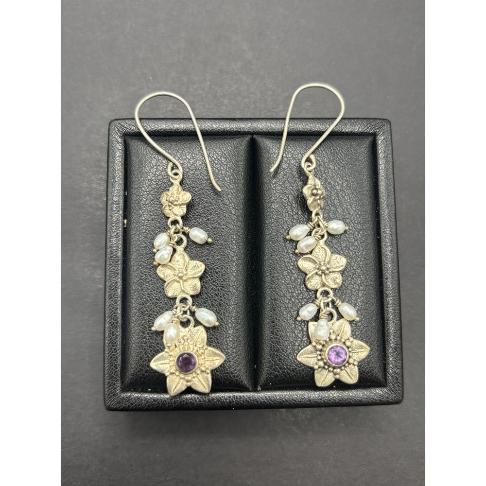 Vintage Sterling Silver Amethyst Pearl Flower Dangle Earrings 9 Grams G24